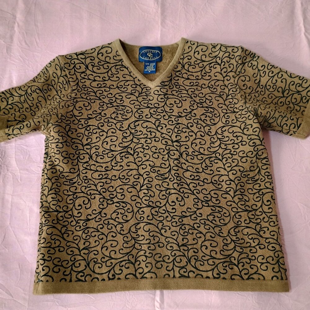 Chelsea Cambell Petite Medium 100% Merino Wool Sweater S/S Curlicued Preppy Cute
